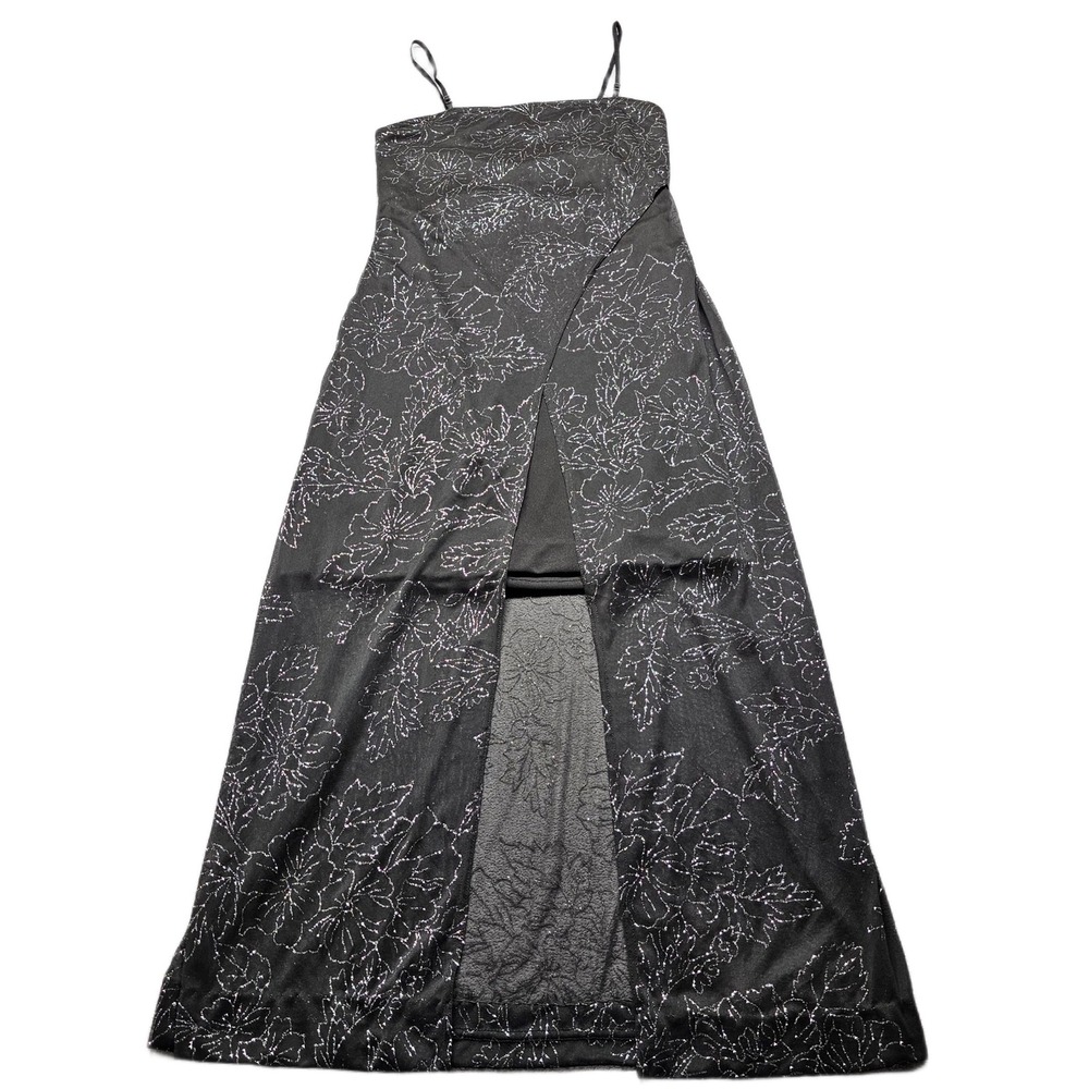 Next Up Maxi Dress Womens Medium Black Silver Glitter Floral Adjustable Straps